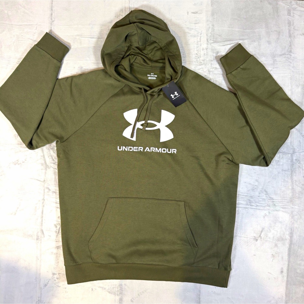 Under Armour Mens Fleece Pullover Hoodie Green Logo Pockets 2XL